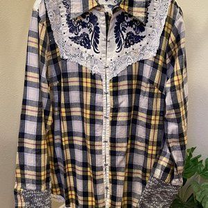 Buckle Exclusive! BKE Navy and Yellow Western Flannel Embroidered Shirt (NWOT)